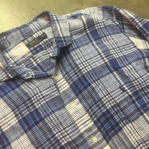 Polo‎ Ralph Lauren blue men's plaid 100% linen button up shirt - Picture 1 of 6